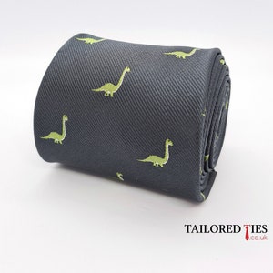 Dippy Dinosaur Charcoal Green Tie  | Navy Mens Tie | Women's Tie | Embroidered Design by TailoredTies - T118  |  Wedding Tie Gift |