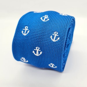 Blue Anchor Knitted Tie | Cotton Blue Mens Tie | Women&#39;s Tie | Embroidered Design by TailoredTies - T60  |  Gift Idea