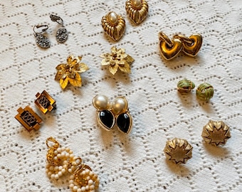 Mixed Vintage Costume Jewelry Lot – Gold Tone Faux Pearl Statement Earrings