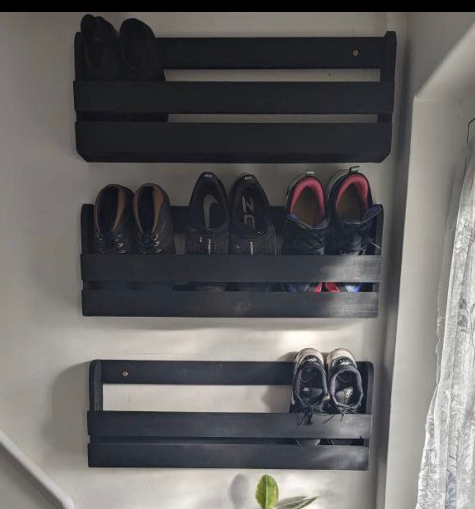 Black Ash Painted Wall Mounted Hallway Rustic Shoe Rack Etsy UK