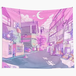 Japanese Pink Moonlight Tapestry | Japanese Pink Moonlight Wall Hanging | Japanese Pink Moonlight Wall Decor | Home Decoration