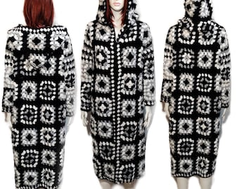 Unisex Granny Square Long  Crochet Cardigan, Afghan Sweater, Black White Crochet hoodie coat, Big size Coat, Handmade Wool