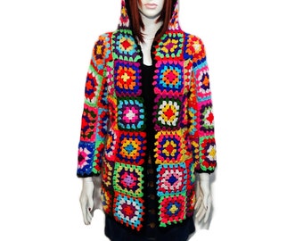 Granny Crochet cardigan, Multi color  Handmade Jacket, Colorful Coat, Hoodie Sweater
