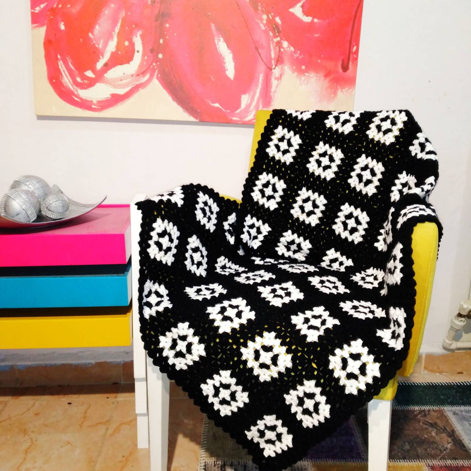 Granny Square Crochet Blanket Black White Colours Afghan Etsy