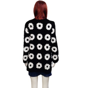 Granny Square daisy wool Crochet Cardigan, Afghan Cardigan, Unisex coat, Black White Crocher coat, christmas gift, Plus size jacket