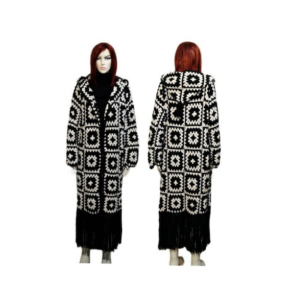 Unisex Cotton Granny Square Long Crochet Cardigan Afghan Sweater Black White Crochet Hoodie Coat Plus Size Coat Naturel Cotton Boho Etsy Canada