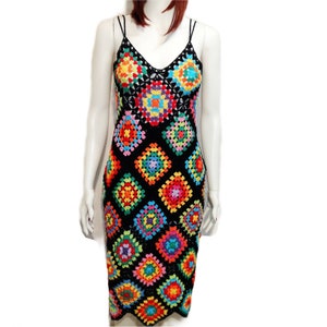 Granny Square Afghan Cotton multicolor midi Dress, Crochet, Colorful dress, Swimmwear Crochet, cotton dress