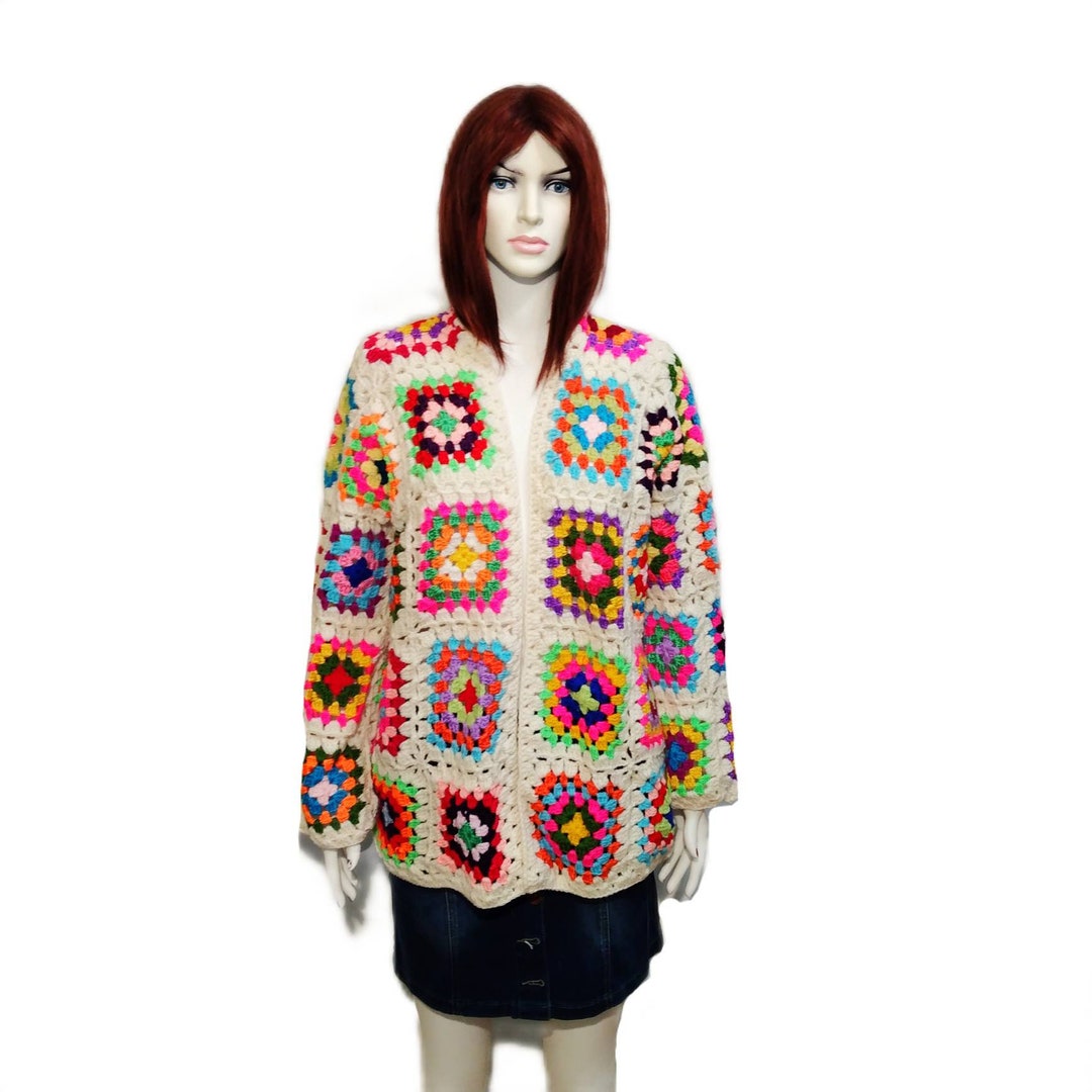Oversize Granny Square Afghan Crochet Wool Jacket Cardigan, Colorful
