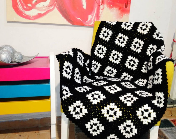 Black and White Granny Square Afghan, Black and White Modern Afghan
