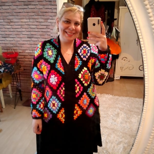 Plus size Crochet Granny Afghan Square Jacket  wool Cardigan, mothers day gift, Oversize Grandma Coat, rainbow desing, noel gift