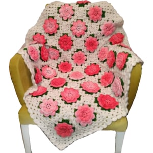 Rose Crochet Wool Blanket,  Afghan Square flower Blanket, Baby Gift, Bridal Gift, mothers day gift