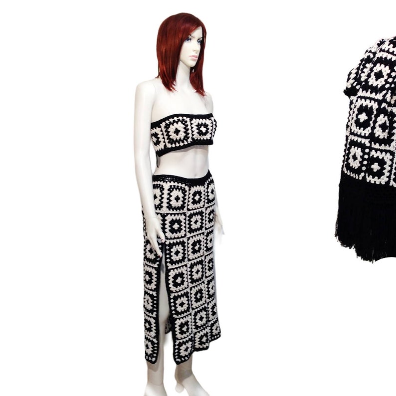 Granny Square Afghan Cotton Black White Top Skirt Plus Size Etsy