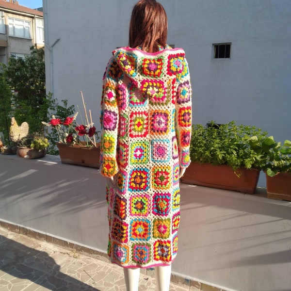 Crochet Granny Afghan Square Long  Coat, Maxi coat, Plus size Grandma Coat, Colorful Cardigan, Multicolored Jacket