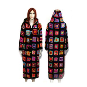 Crochet Granny Square Wool Coat: Handmade Colorful Maxi Cardigan