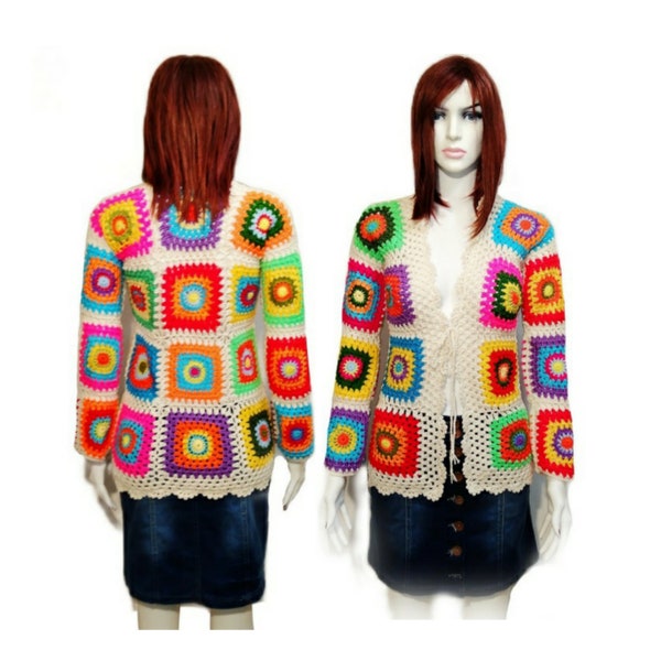 Rainbow Granny Square Afghan crochet Jacket, Colorful Sweater, Boho style Jacket, Mother’s Day Handmade Cardigan