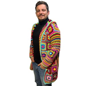 Granny Square Afghan men wool crochet Rainbow Cardigan, Unisex Colorful Sweater, Boho style Jacket, Long Male Handmade Cardigan