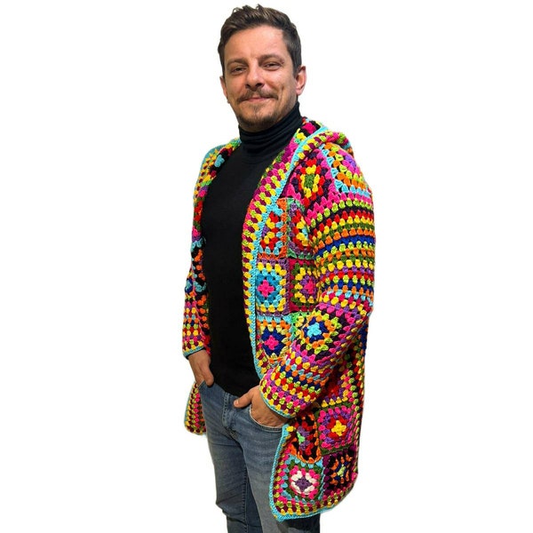 Granny Square Afghan men wool crochet Rainbow Cardigan, Unisex Colorful Sweater, Boho style Jacket, Long Male LGBT Handmade Cardigan