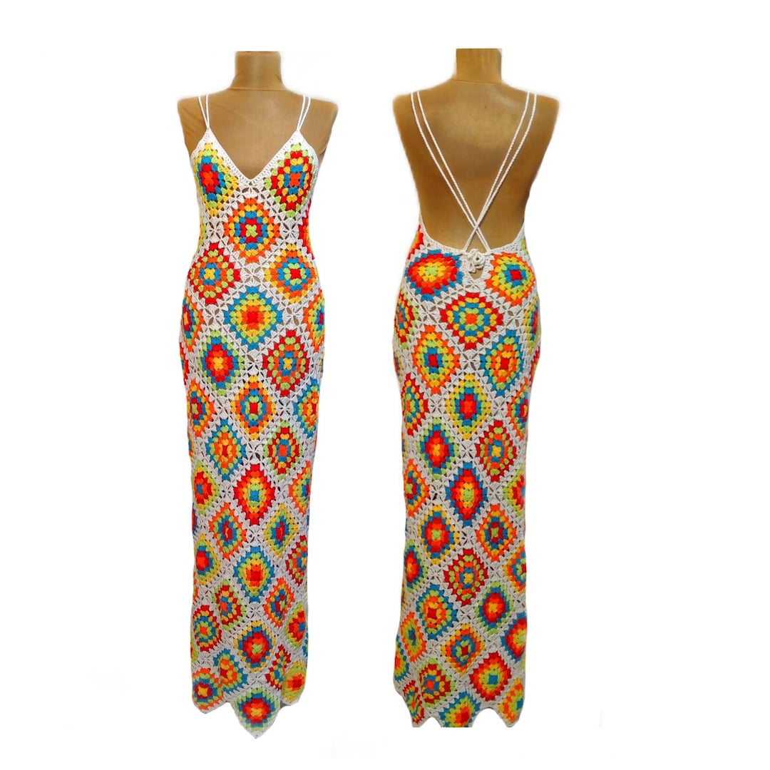 Handmade Granny Square Crochet Maxi Dress: Colorful Cotton