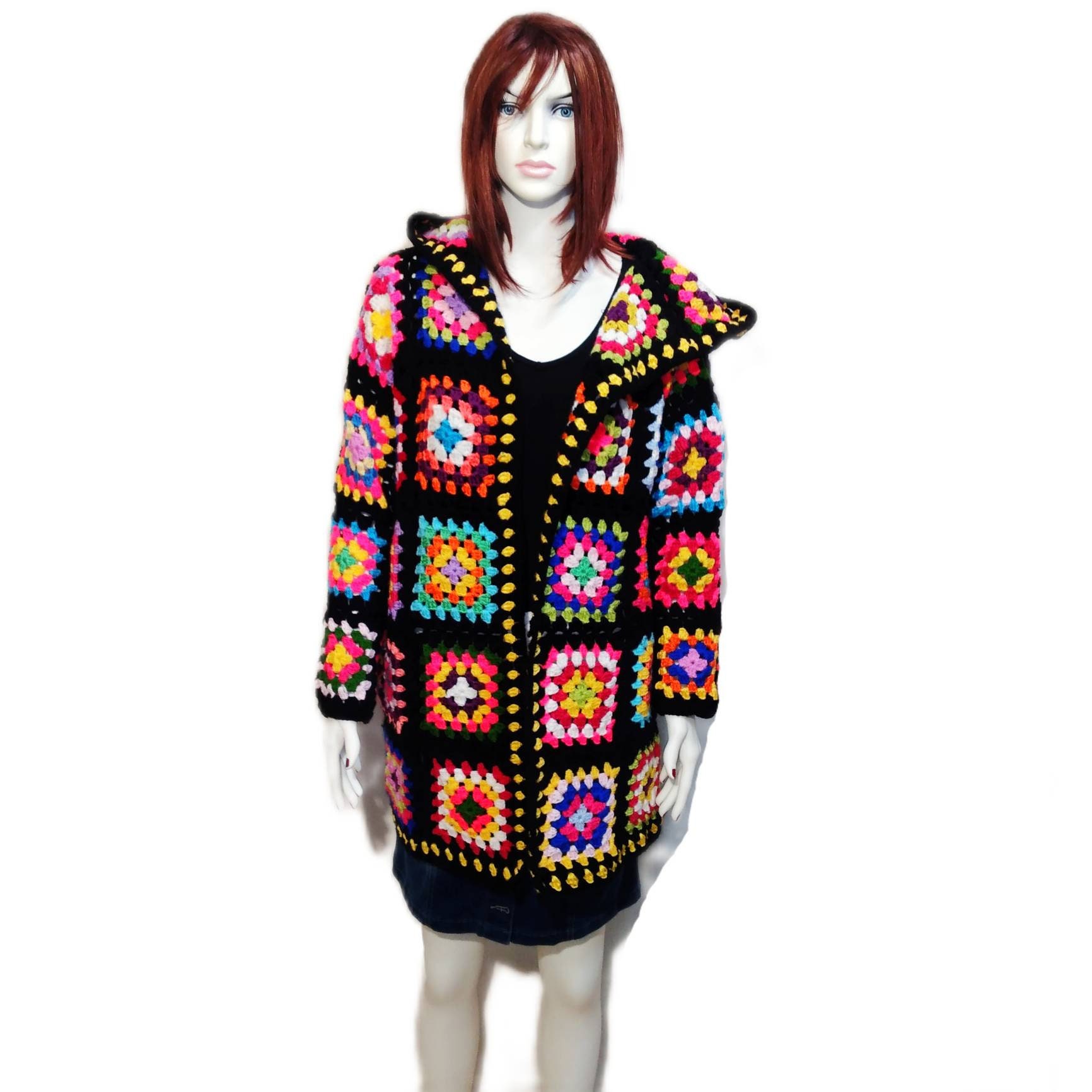 ★HAAG ★A COAT CARDIGAN Granny Square Afghan Crochet Cardigan, Hoodie Cardigan