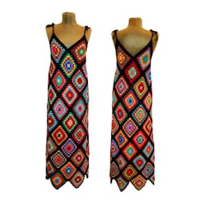 Plus size Granny Square Afghan Crochet Maxi Dress, Naturel Cotton Crochet maxi dress, Colorful grandmama dress, Swimmwear long rainbow dress