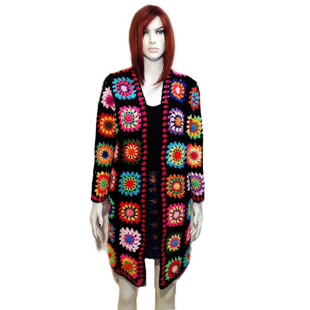 Granny Afghan Square Crochet Cardigan, Multi Color Handmade Jacket ...