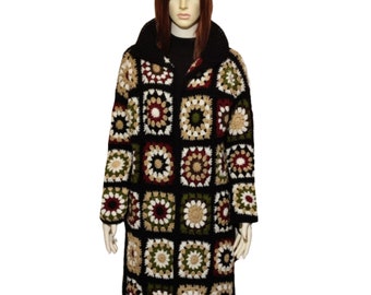 Granny Square Afghan Crochet Cardigan, Wool crochet coat, Handmade knitting crochet, Oversize jacket, Mothers days gift, 80s 90s Plus size