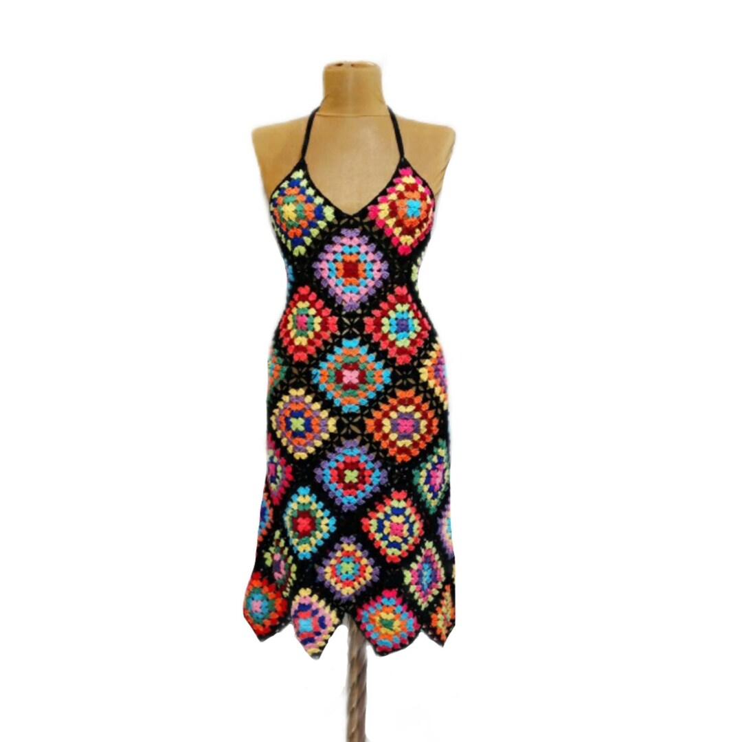 Granny Square Afghan Cotton Multicolor Mini Dress, Crochet, Colorful