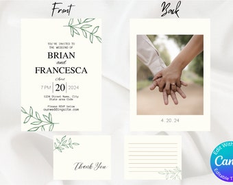 Modèle de lot de faire-part de mariage verdure minimaliste, faire-part principal recto-verso avec mot de remerciement inclus. Fabriqué avec Canvas