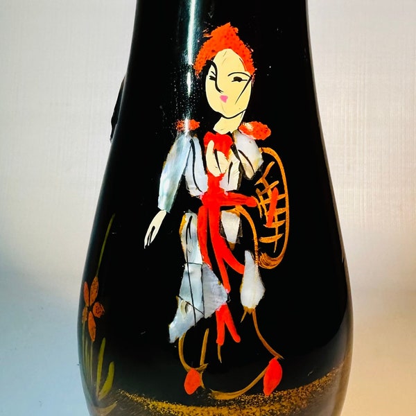 Mid-Century Oriental Black Lacquer Wood Vase • Hand Painted Ladies with Mother Of Pearl Inlay