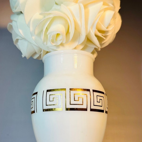 Vintage Wrisley White Milk Glass “Bathenia” Bubble Bath/Apothecary Jar with Gold Leaf Greek Key - Glass Made by Fenton