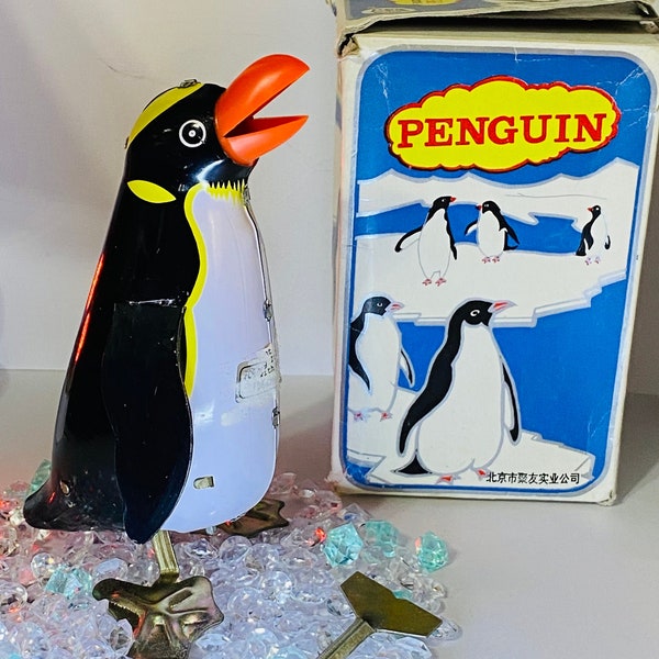 VINTAGE "Rock & Roll" Wind up Tin Toy Penguin ~ Tiene caja y llave originales
