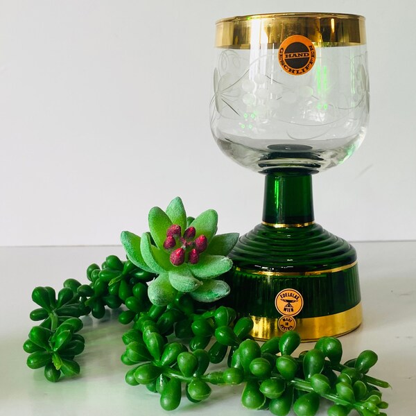 Mid-Century Etched Austrian Crystal Musical Wine Glass • Edelglas Wien, Swiss Musical Movement