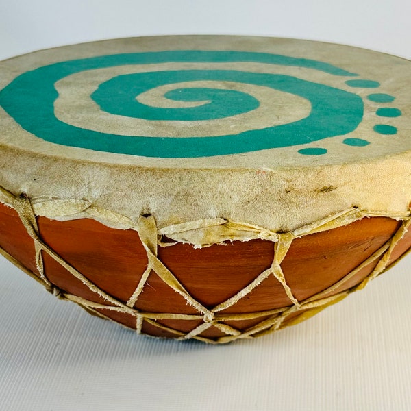 Clay/Earthenware Hand Drum & Rattle w/ Painted Rawhide Skin • Vintage Percussion Instrument