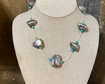 Navajo Silver/Pewter Nugget Necklace with Turquoise beads - Unique