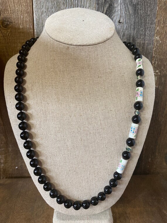 Antique Black Onyx and Cloisonné Beaded Necklace -