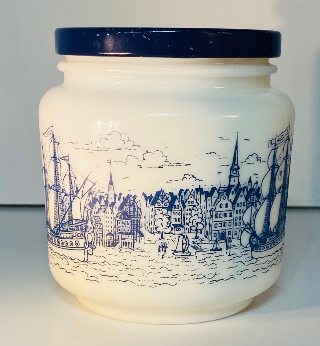 Vintage Milk Glass Mustard Jar Embossed Seaside Harbor Scene Etsy