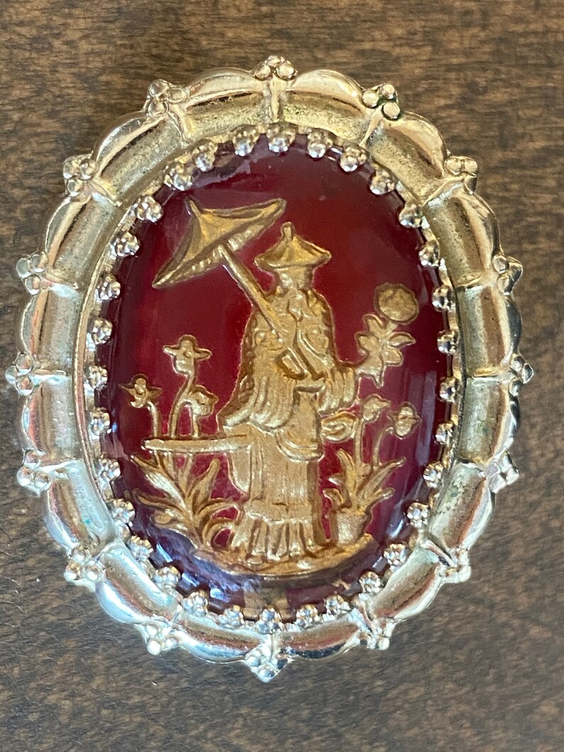 Oriental Design 1950\u2019s Cora Cameo Brooch