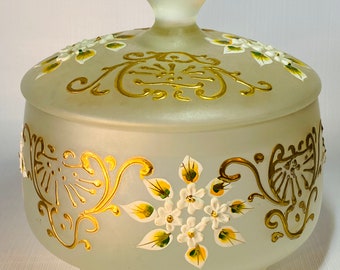 Bohemian Frosted Glass Lidded Dish • Gold Gilt and Enameled Floral Designs