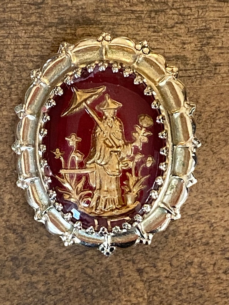Oriental Design 1950\u2019s Cora Cameo Brooch