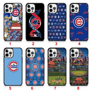 May include: Collection of eight phone cases featuring Chicago Cubs baseball designs. Designs include the Cubs logo, Wrigley Field scenes, and text like "It is in my DNA." Colors are primarily blue, red, and white.