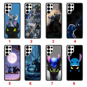 May include: A collection of eight phone cases featuring characters from "How to Train Your Dragon" and "Lilo & Stitch." Designs include Toothless, Stitch, and various combinations of the characters. Cases are black with colorful illustrations.