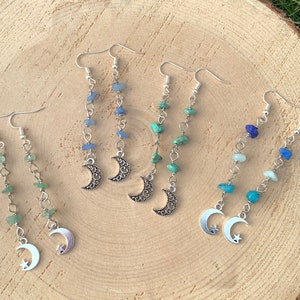 Moon Crystal Earrings, charm crystal earrings, crystal earrings, Moon Charm Crystal Earrings, Crystal Chip Earrings, Hippie Moon Earrings