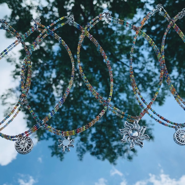 Sun Beaded Necklace, Hippie Sun Beaded Necklace, Beaded Sun Charm Necklace, Boho Beaded Sun Necklace, Glass Bead Sun Necklace,