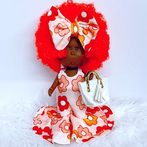 Little Mini Mia 9” Nines Artesanals d&#39;Onil Custom Florescent Orange Afro Dark Skin Groovy Flower Doll