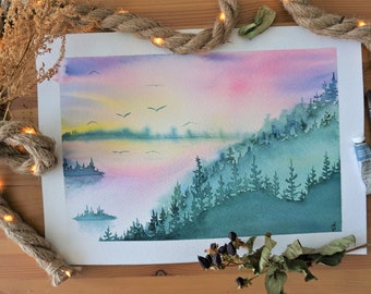 Original handmade watercolor painting, Twilight
