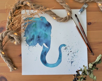 Original handmade watercolor painting, Elephant