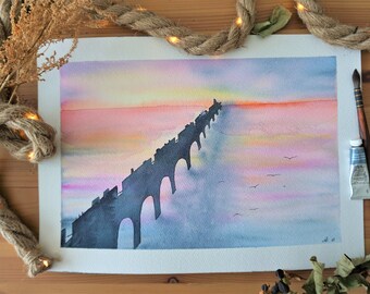 Original handmade watercolor painting, Train