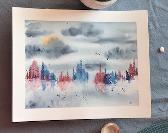 Original handmade painting in watercolor, abstract landscape