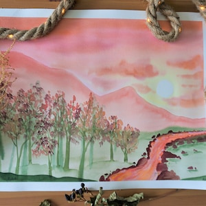 Original Handmade Watercolor Painting, Sunset Rosé
