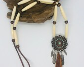 Native American jewelry, women s jewelry, ethnic necklace, unisex, feather pendant, tassel pendant , beads and bone,